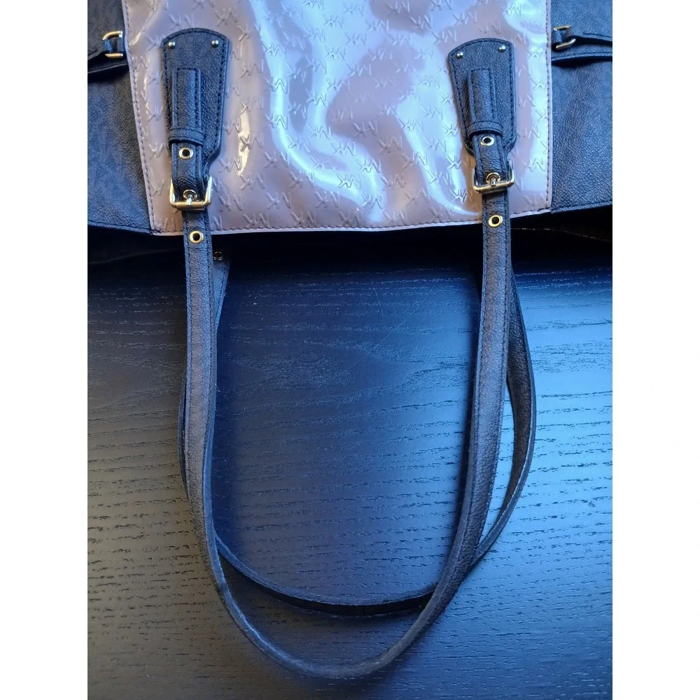 Michael Kors Voyager Tote Brown Pink Monogram Patent Mixed Media Shoulder Bag